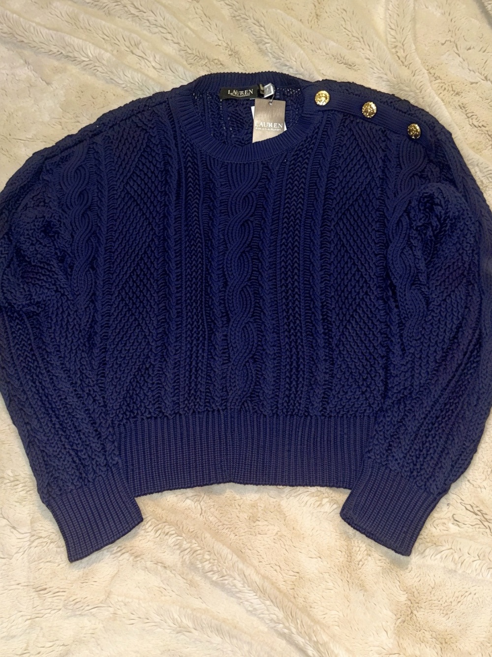 NWT Lauren Ralph Lauren Navy Cable Knit Gold Button Sweater Size L